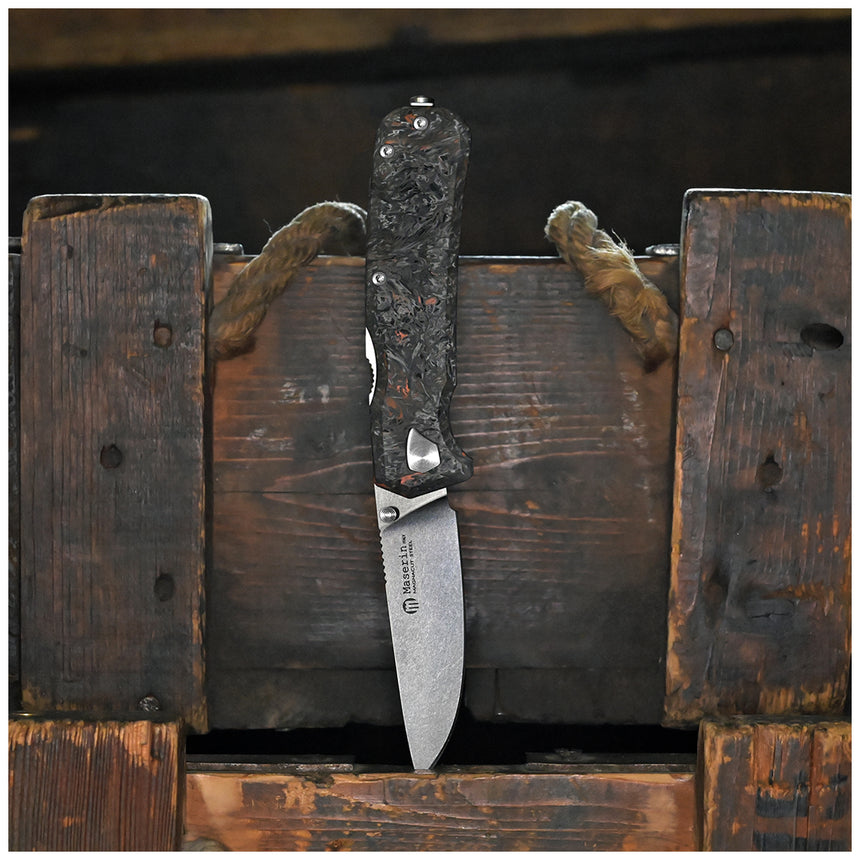 Maserin 630 Pulse curved drop point MagnaCut steel blade with stonewashed finish - HRC 62 hardness