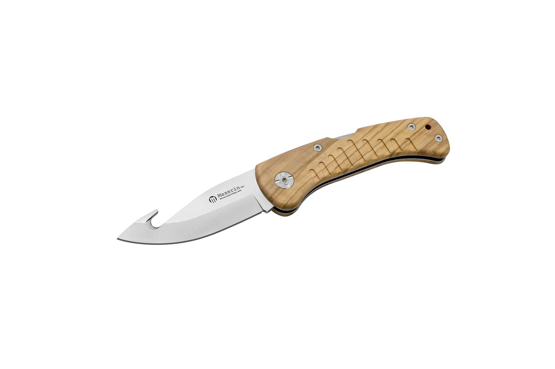 Maserin 763 Skinner folding hunting knife with olive wood handle and nylon sheath - 440C steel skinner blade