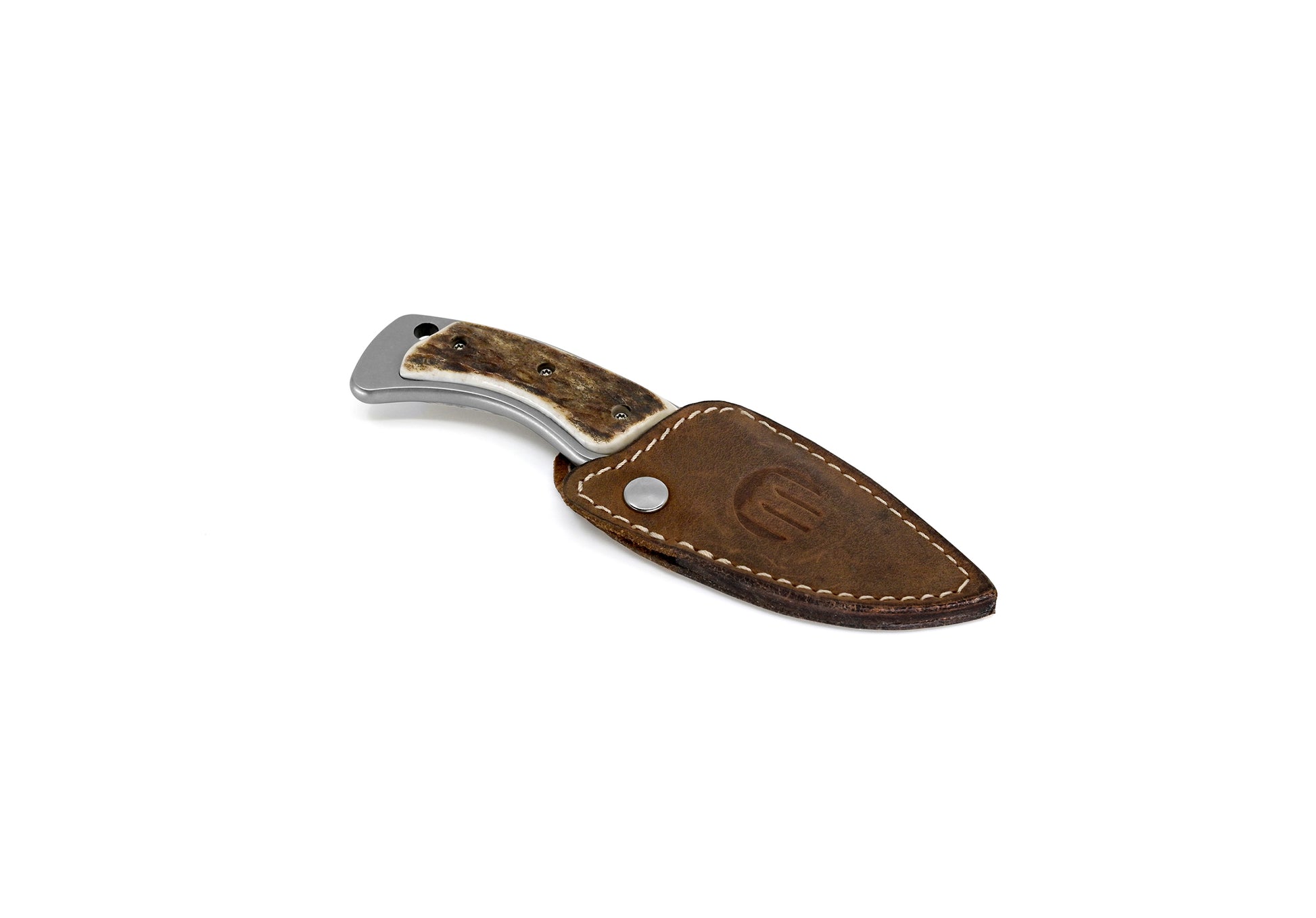 Maserin 924 Mini Trapper Elmax fixed blade knife with natural stag horn handle and leather sheath
