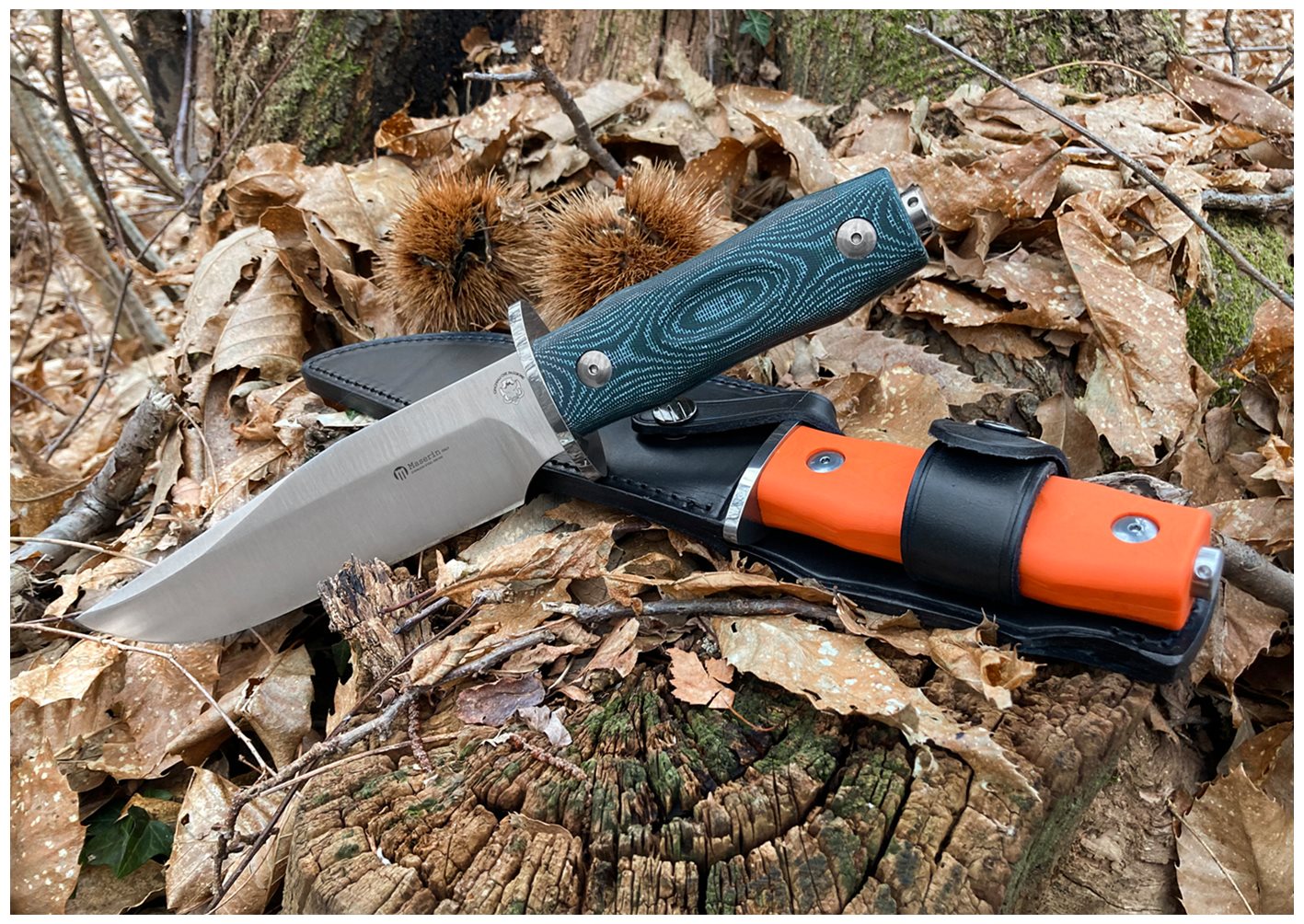 Maserin 977 Bowie wild boar hunting knife with included black leather sheath for field carry