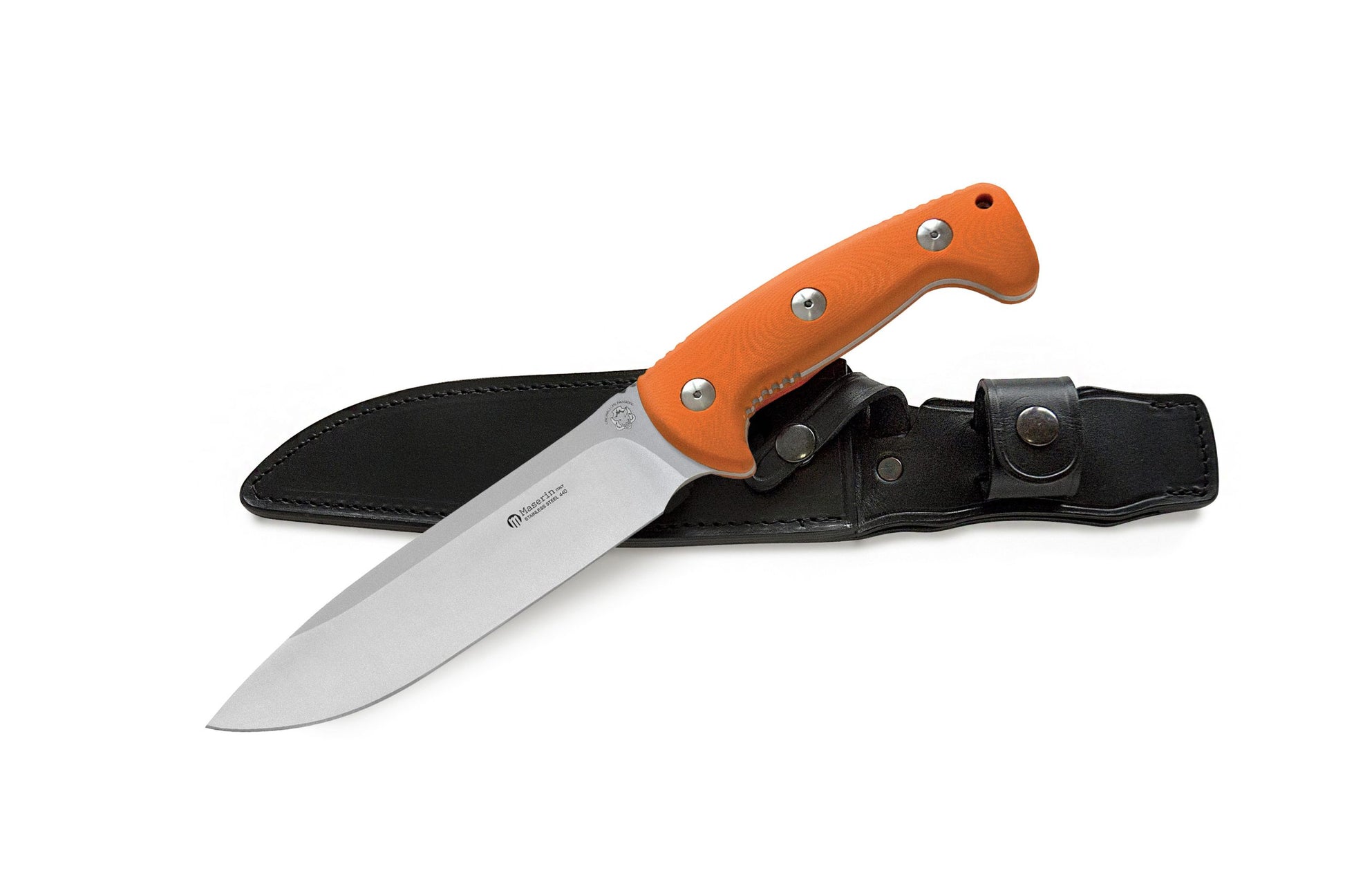 Maserin 978 Hunting wild boar knife with orange G10 handle and black leather sheath - 440C steel fixed blade made in Italy