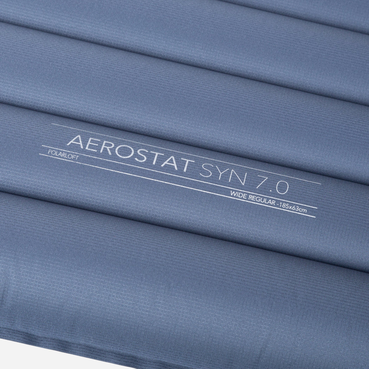 Mountain Equipment Aerostat Synthetic 7.0 Sleeping Mat in Ombre Blue - Close-Up of Product Details on Mat Fabric