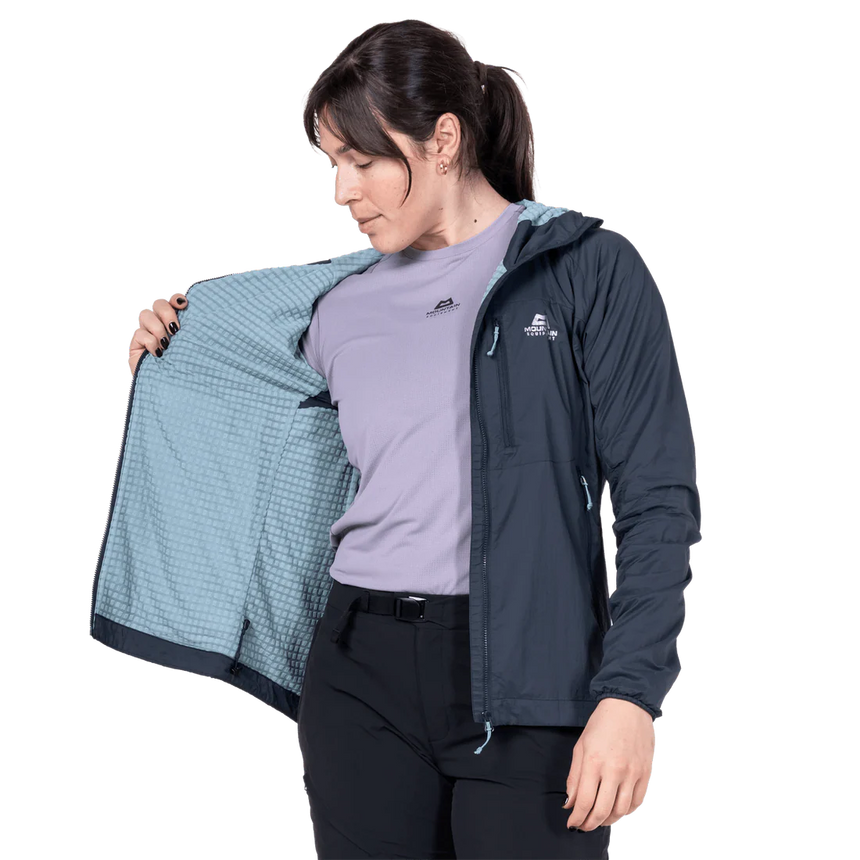Mountain Equipment Aerotherm Hooded Women's Jacket in Blue Nights - Front model view alternate