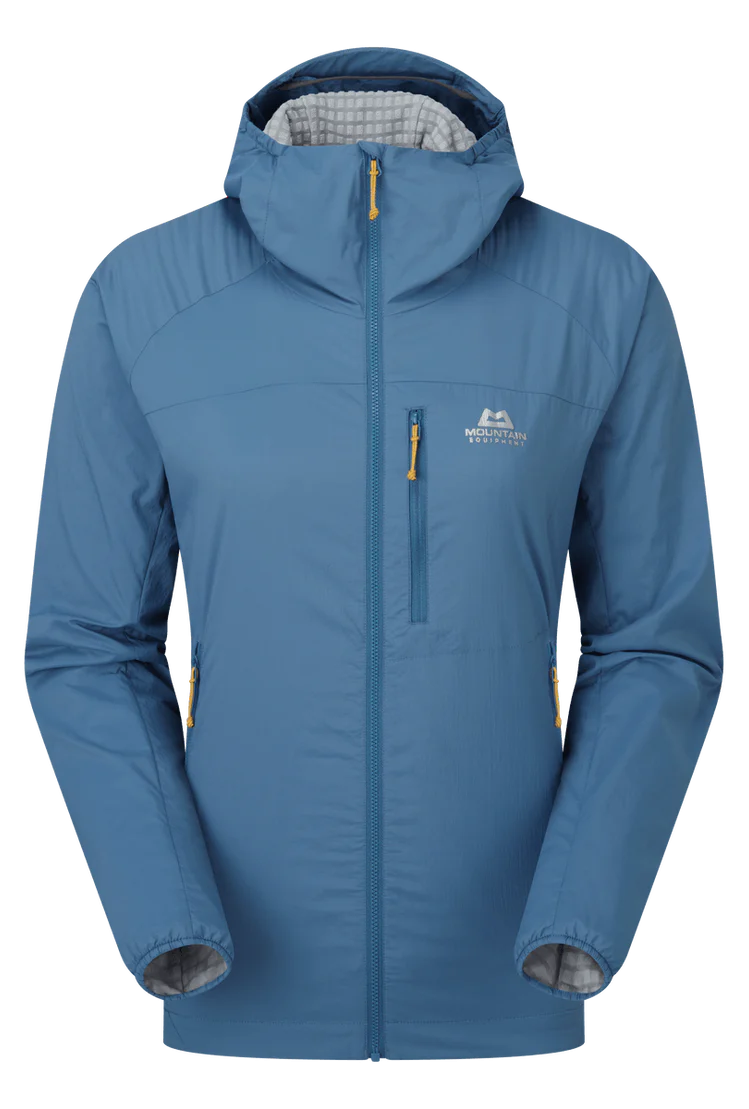Mountain Equipment Aerotherm Hooded Women's Jacket in Stellar Blue - Front flat lay
