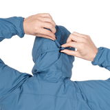 Mountain Equipment Aerotherm Hooded Women's Jacket in Stellar Blue - Hood up model view