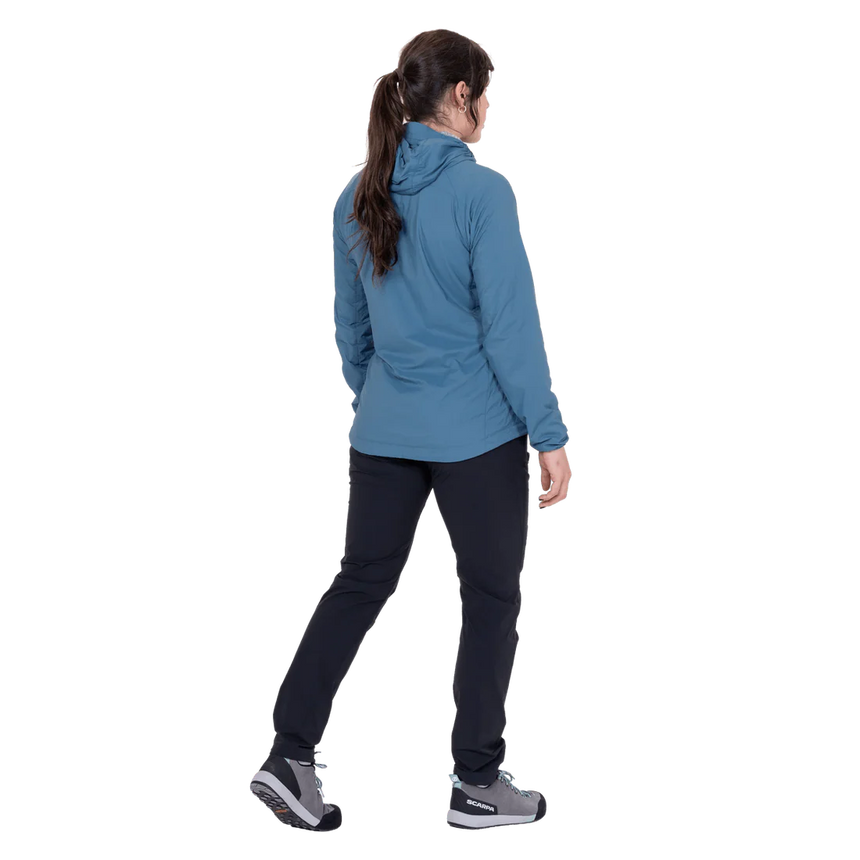 Mountain Equipment Aerotherm Hooded Women's Jacket in Stellar Blue - Side model view