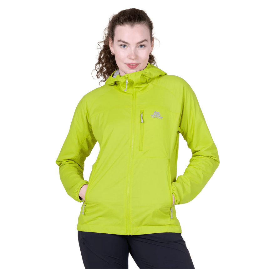 Mountain Equipment Aerotherm Hooded Women's Jacket in Vine Green - Hood up model view