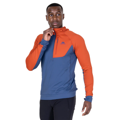 Mountain Equipment Aiguille Hooded Men's Top in Dusk/Red Rock - On Model Front Close