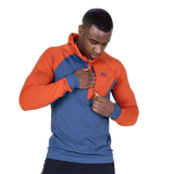 Mountain Equipment Aiguille Hooded Men's Top in Dusk/Red Rock - On Model Hood Up
