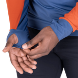 Mountain Equipment Aiguille Hooded Men's Top in Dusk/Red Rock - Thumb Loop Detail