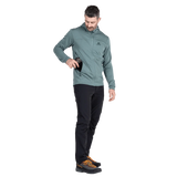Mountain Equipment Apiro Hooded Men's Jacket in Goblin Blue - Hand at pocket, on model