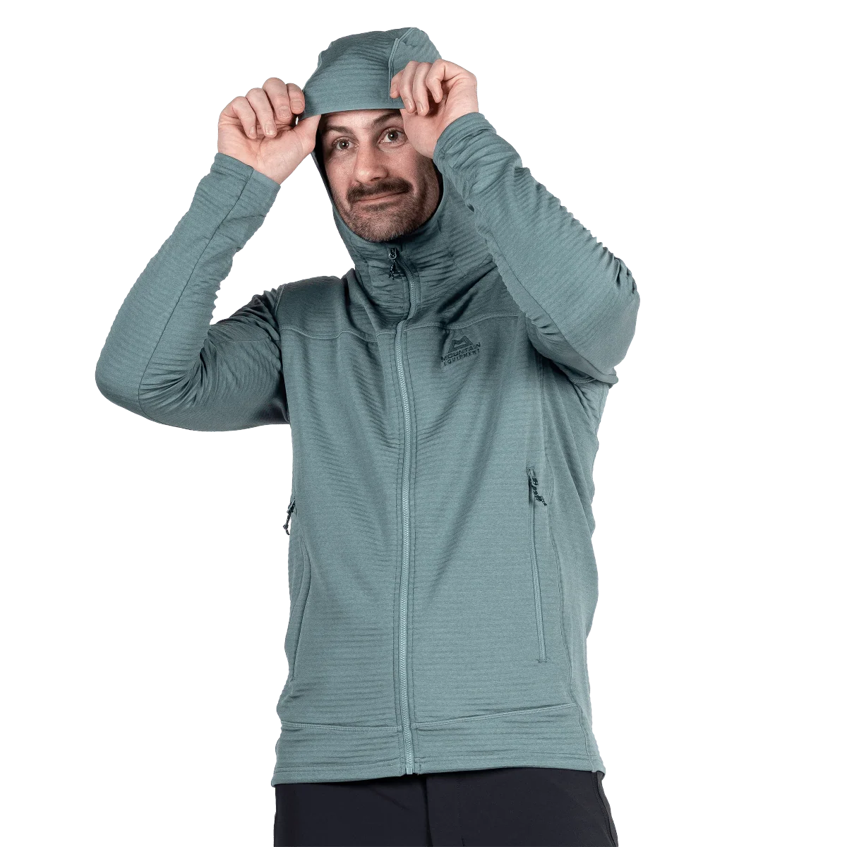 Mountain Equipment Apiro Hooded Men's Jacket in Goblin Blue - Hood, on model