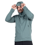 Mountain Equipment Apiro Hooded Men's Jacket in Goblin Blue - Hood, on model