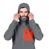 Mountain Equipment Arrow Hooded Men's Jacket in Anvil/Redrock - On Model Hood Front