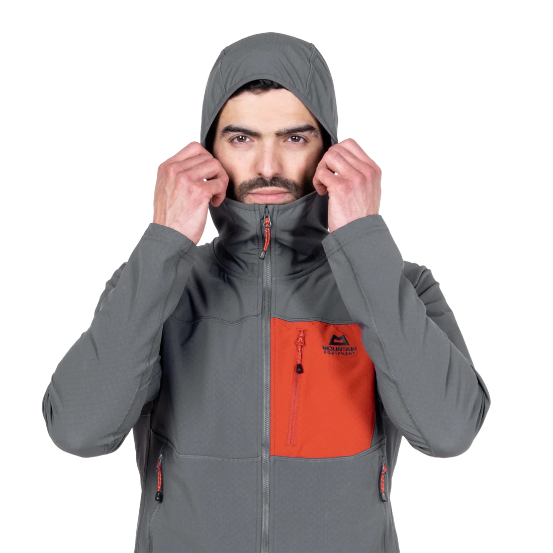 Mountain Equipment Arrow Hooded Men's Jacket in Anvil/Redrock - On Model Hood Front