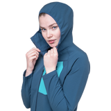Mountain Equipment Arrow Hooded Women's Jacket in Dusk/Topaz - On Model Hood Side