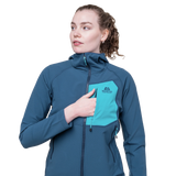 Mountain Equipment Arrow Hooded Women's Jacket in Dusk/Topaz - On Model Pocket Detail