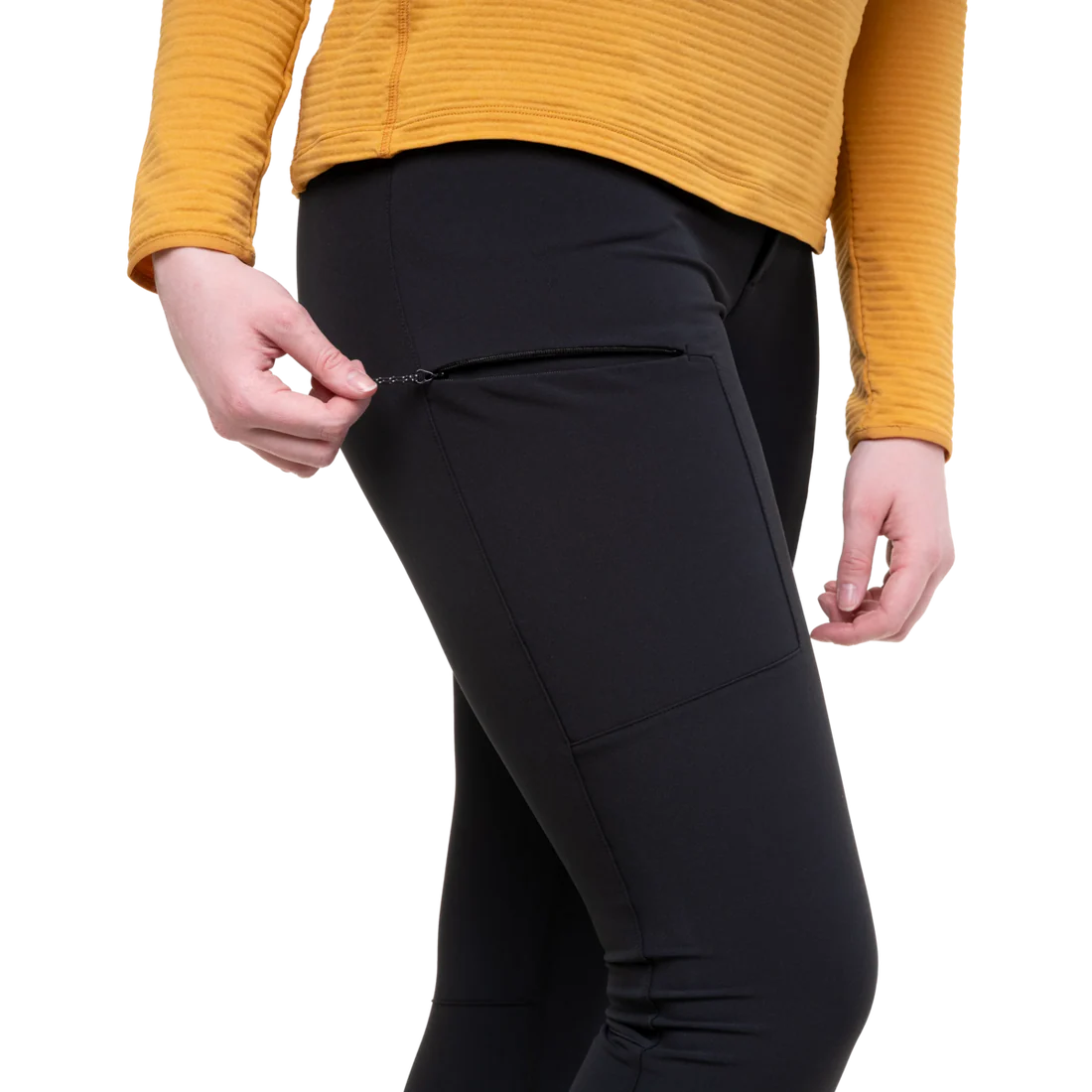 Mountain Equipment Austra Women's Tight in Black - Thigh Pocket Detail