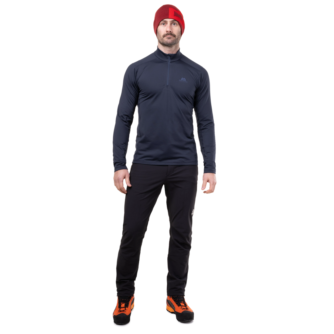 Mountain Equipment Cerrig Men's LS Zip T in Cosmos - Front on Model, Zip Detail