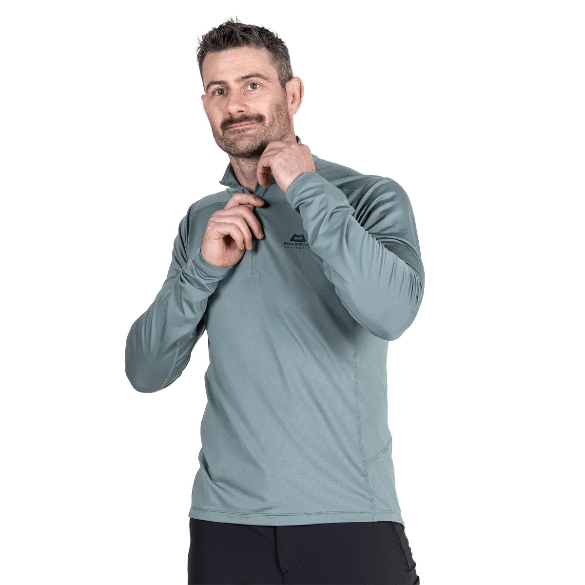 Mountain Equipment Cerrig Men's LS Zip T in Goblin Blue - Front on Model, Zip Detail