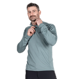 Mountain Equipment Cerrig Men's LS Zip T in Goblin Blue - Front on Model, Zip Detail