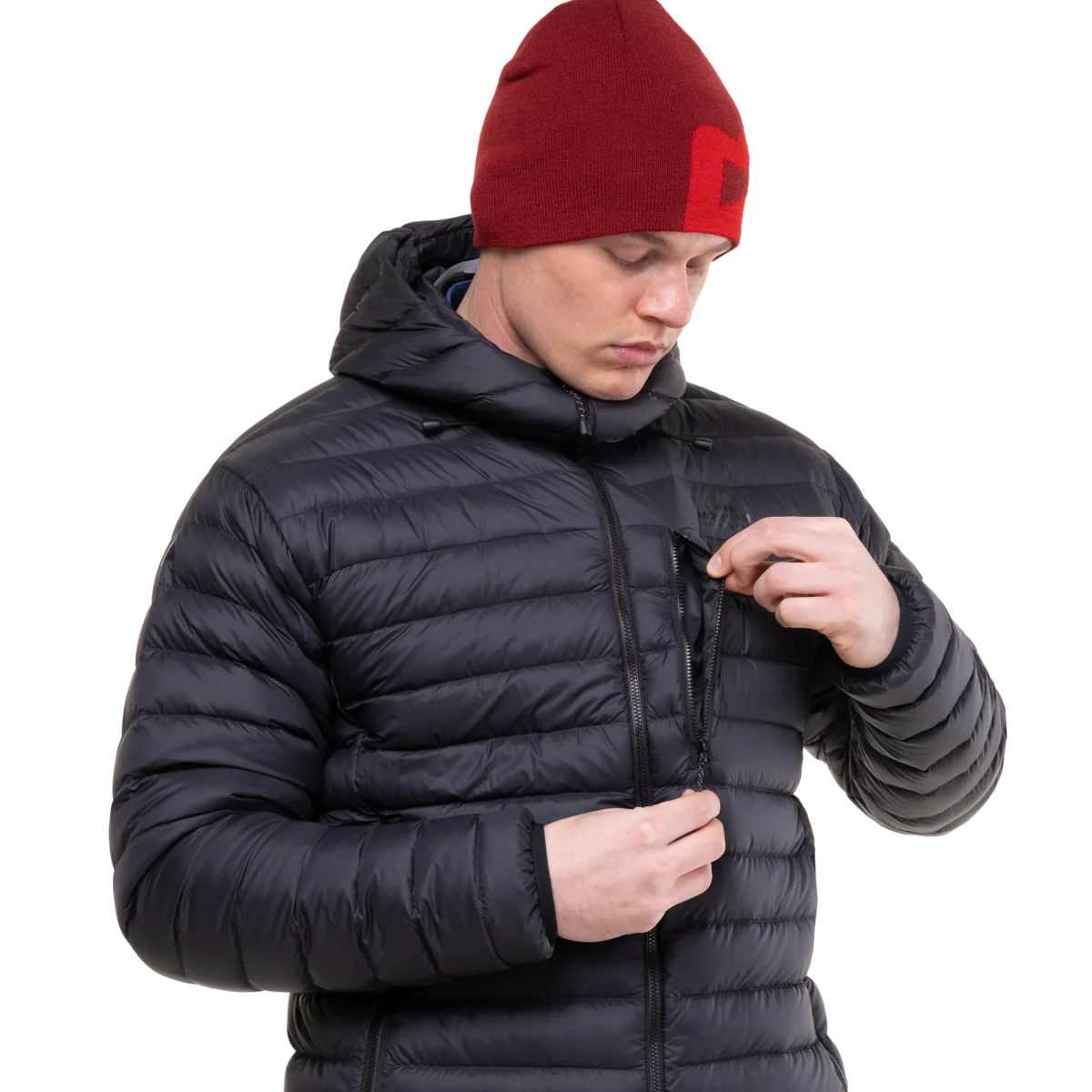 Mountain Equipment Earthrise Hooded Men's Jacket in Black/Black - Chest Pocket Detail Model