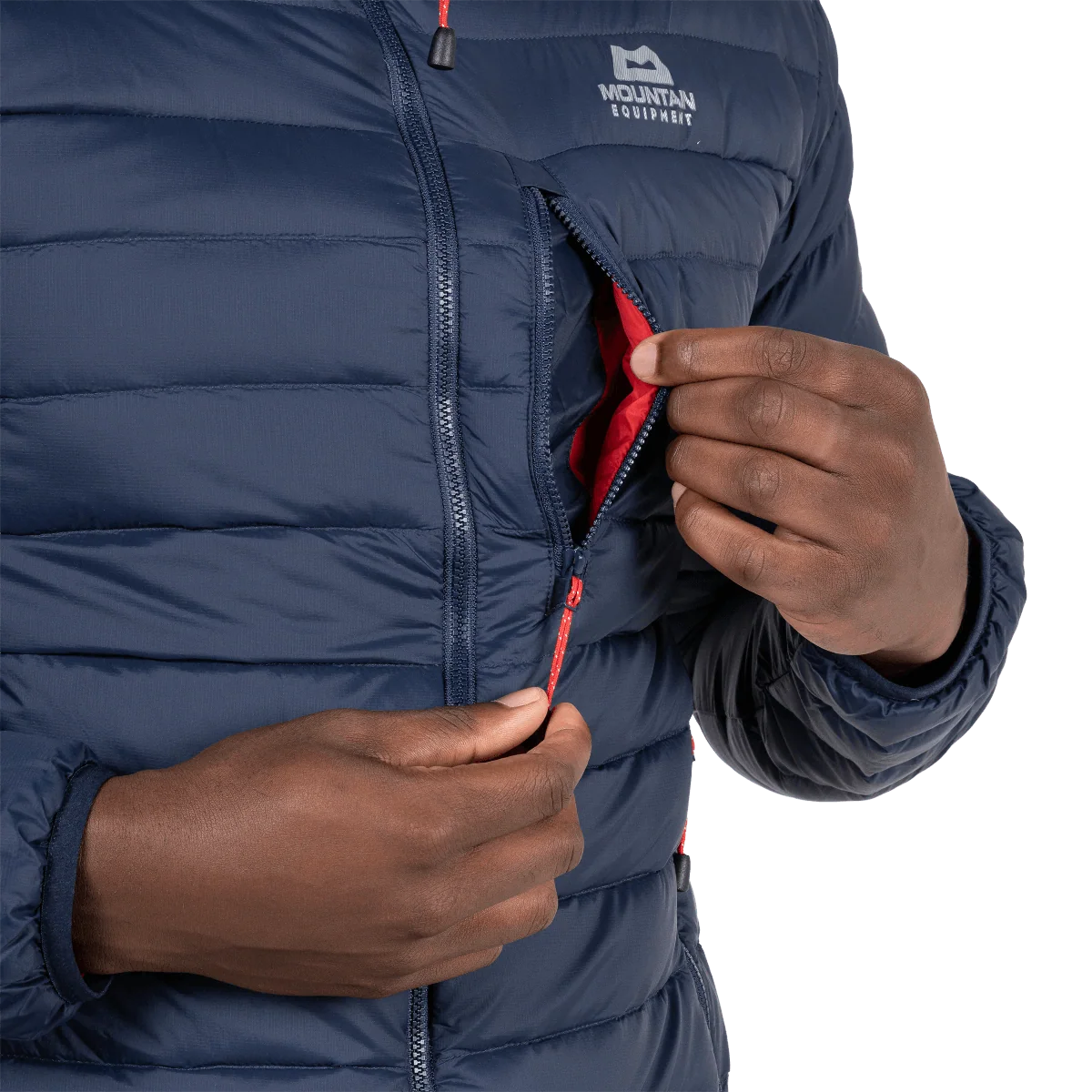 Mountain Equipment Earthrise Hooded Men's Jacket in Cosmos - Hood Close Up Model