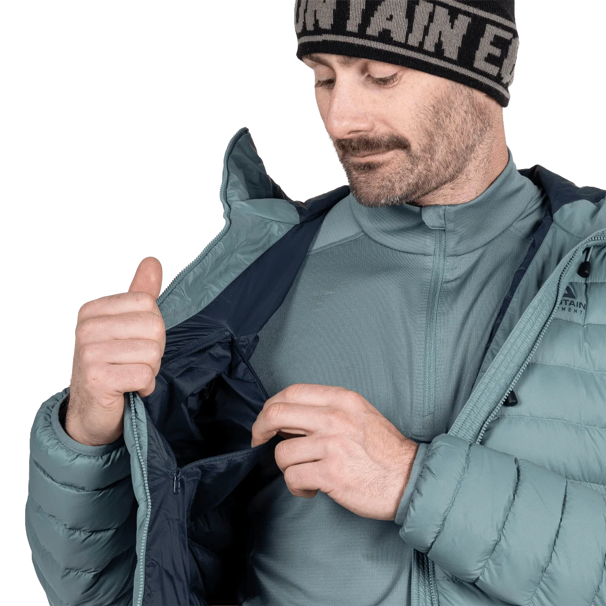 Mountain Equipment Earthrise Hooded Men's Jacket in Goblin Blue - Chest Pocket Detail Model