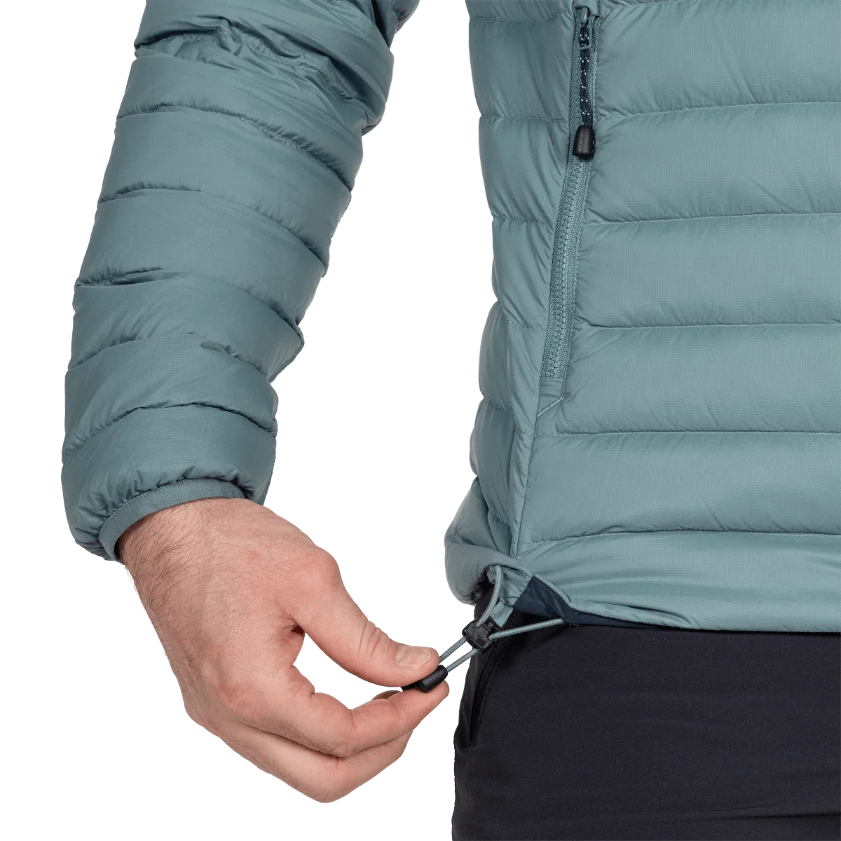 Mountain Equipment Earthrise Hooded Men's Jacket in Goblin Blue - Cuff Detail Model