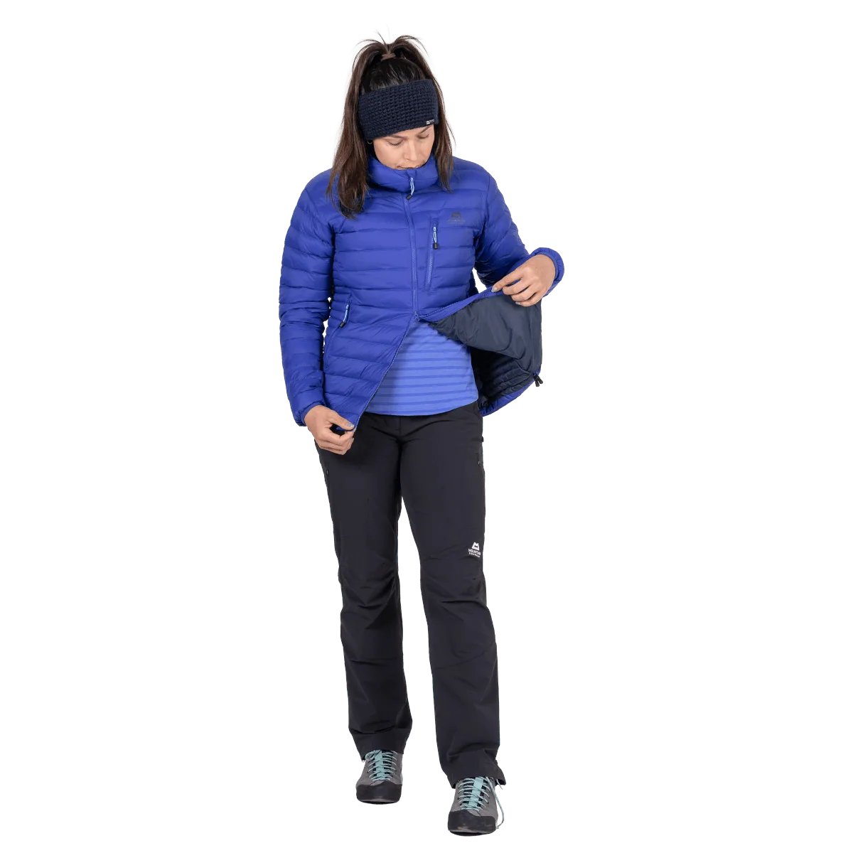 Mountain Equipment Earthrise Hooded Women's Jacket in Clematis - packed into hand pocket detail