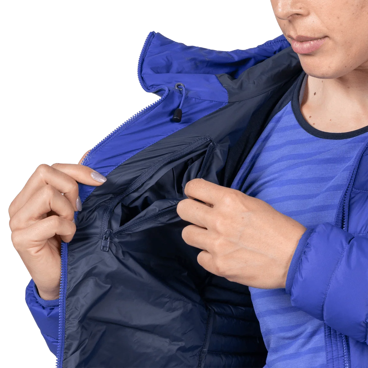 Mountain Equipment Earthrise Hooded Women's Jacket in Clematis - security pocket detail