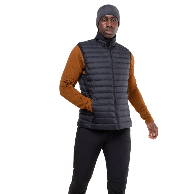 Mountain Equipment Earthrise Men's Vest in Black/Black - front, worn