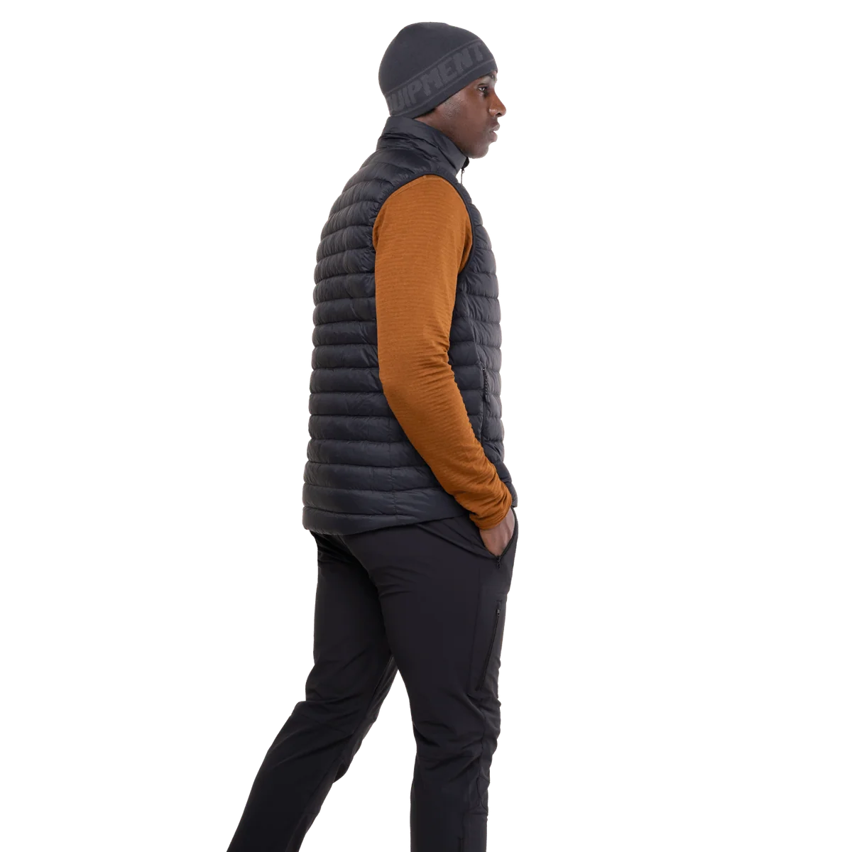 Mountain Equipment Earthrise Men's Vest in Black/Black - side, worn