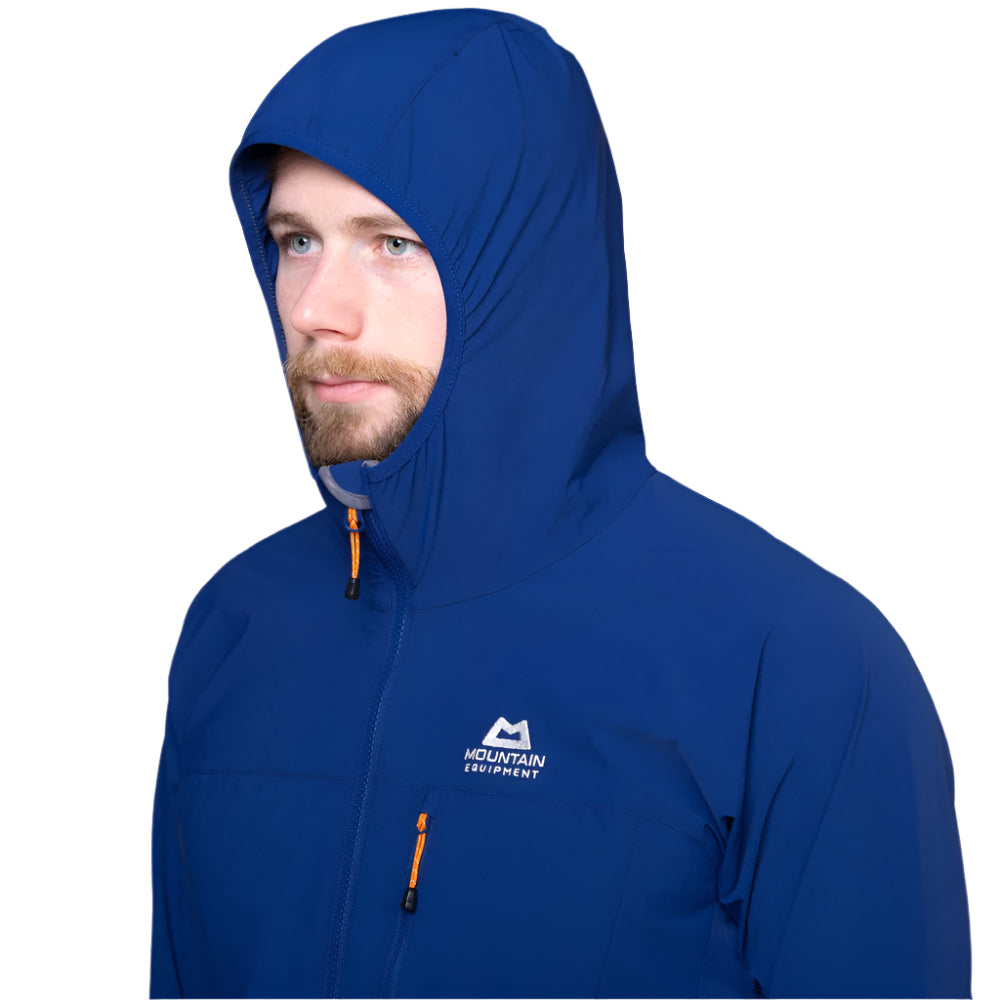 Mountain Equipment Echo Hooded Men's Jacket in Admiral Blue - On Model Hood Up Front