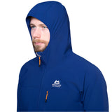 Mountain Equipment Echo Hooded Men's Jacket in Admiral Blue - On Model Hood Up Front