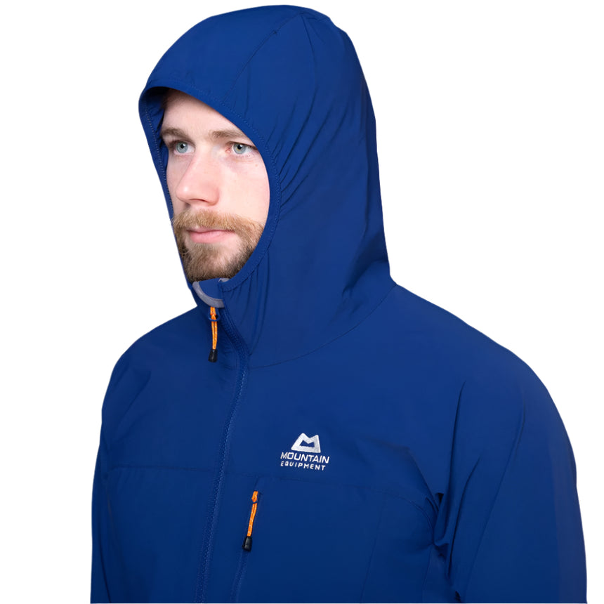 Mountain Equipment Echo Hooded Men's Jacket in Admiral Blue - On Model Hood Up Front