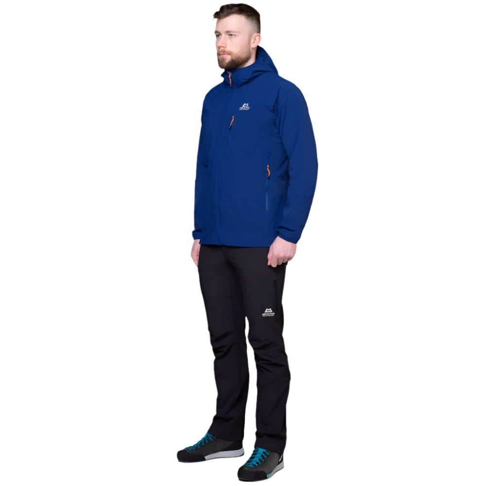 Mountain Equipment Echo Hooded Men's Jacket in Admiral Blue - On Model Walking Side