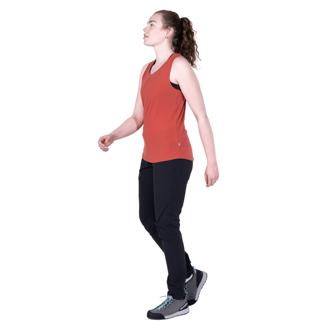 Mountain Equipment Equinox Women's Vest in Rosewood - On Model Walking Side