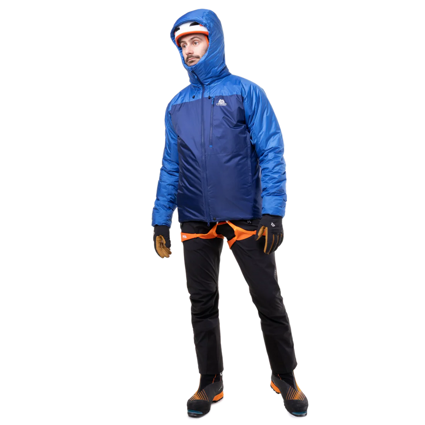 Mountain Equipment Fitzroy Men's Jacket in Admiral/Atlantic - On Model Hood Up Front