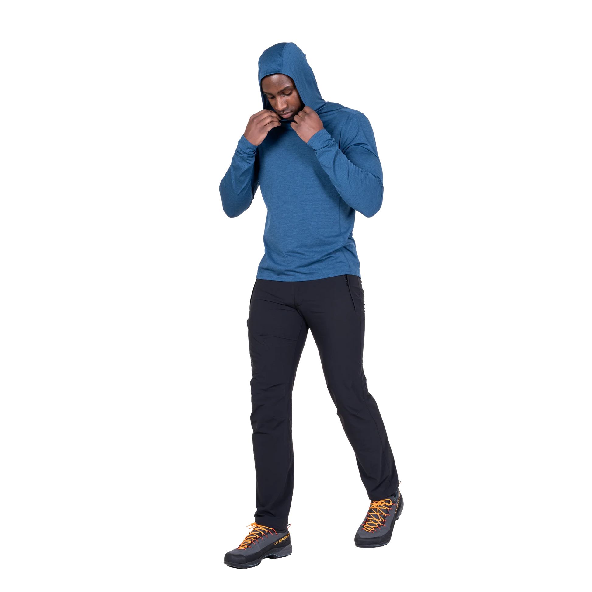 Mountain Equipment Glace Hooded Men's Top in Admiral Blue - Walking side view
