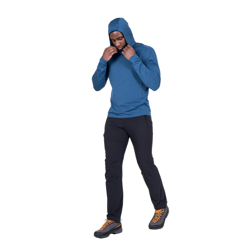 Mountain Equipment Glace Hooded Men's Top in Admiral Blue - Walking side view