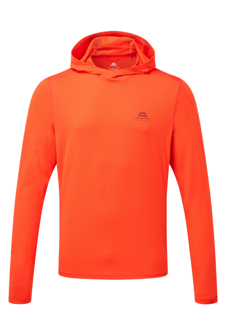 Mountain Equipment Glace Hooded Men's Top in Cardinal Orange - Flat lay