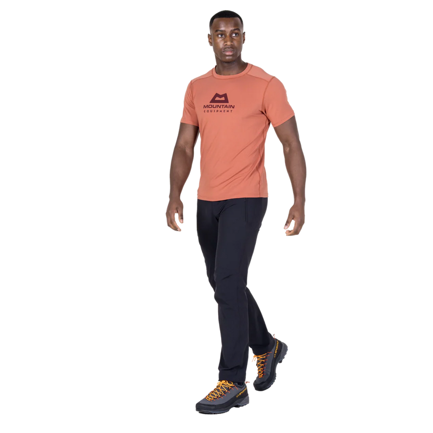 Mountain Equipment Headpoint Emblem Men's Tee in Etruscan Red - Walking Side Model