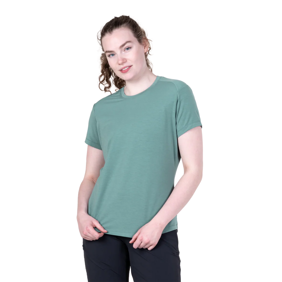 Mountain Equipment Headpoint Women's Tee in Sea Pine - On Model Front Hands