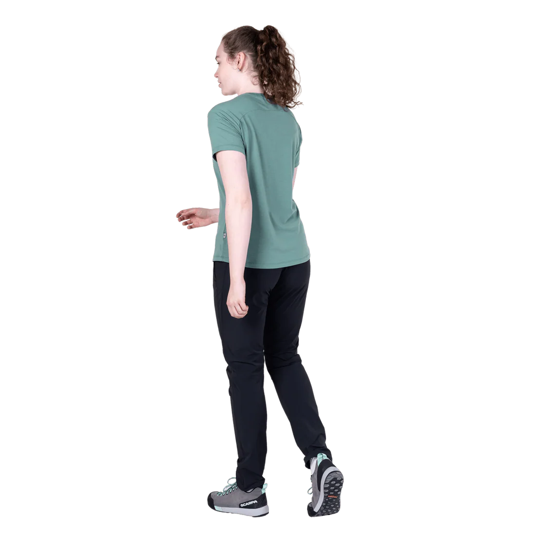  Mountain Equipment Headpoint Women's Tee in Sea Pine - On Model Front Walk