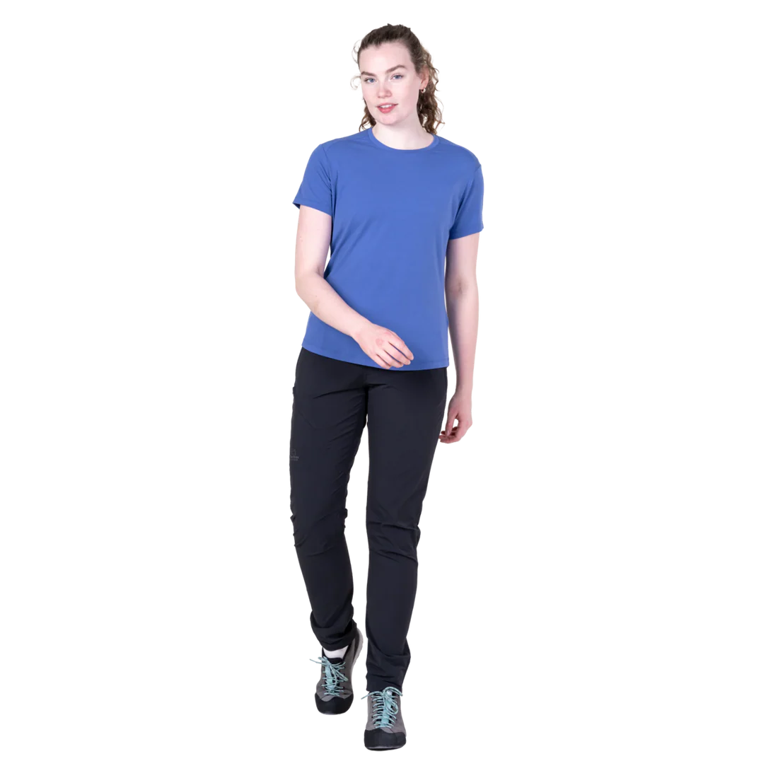 Mountain Equipment Headpoint Women's Tee in Vivid Blue - On Model Front Walk