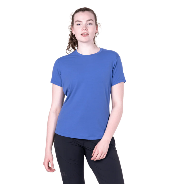 Mountain Equipment Headpoint Women's Tee in Vivid Blue - On Model Front