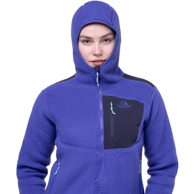 Mountain Equipment Highpile Hooded Women's Jacket in Clematis/Cosmos - On Model Hood Front