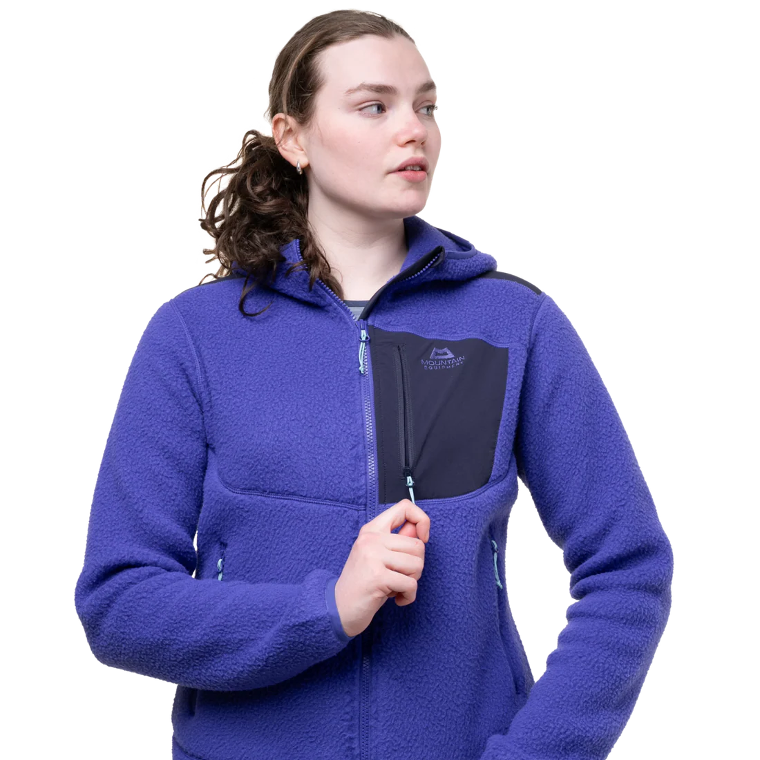 Mountain Equipment Highpile Hooded Women's Jacket in Clematis/Cosmos - On Model Pocket