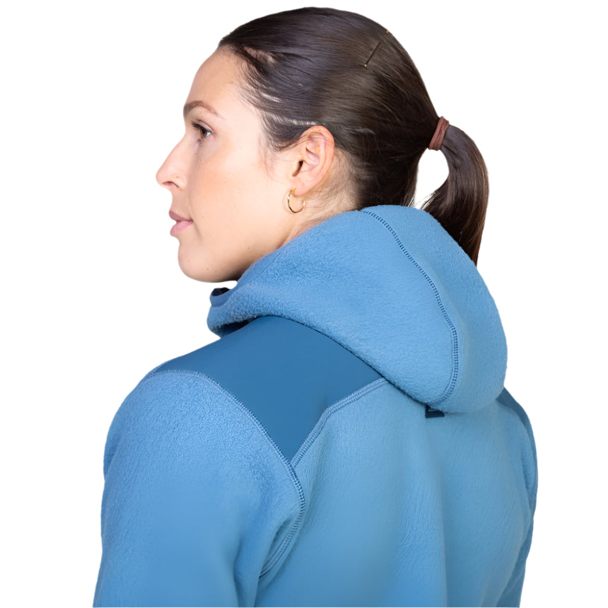 Mountain Equipment Highpile Hooded Women's Jacket in Stellar/Majolica - On Model Hood Side